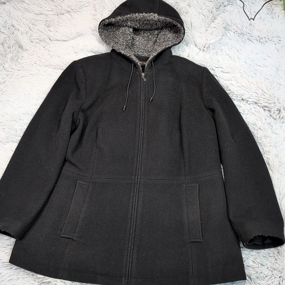 Fleet Street Jacket‎ Womens 1X Black Hoodie Wool Blend Coat Cozy Preppy Pockets